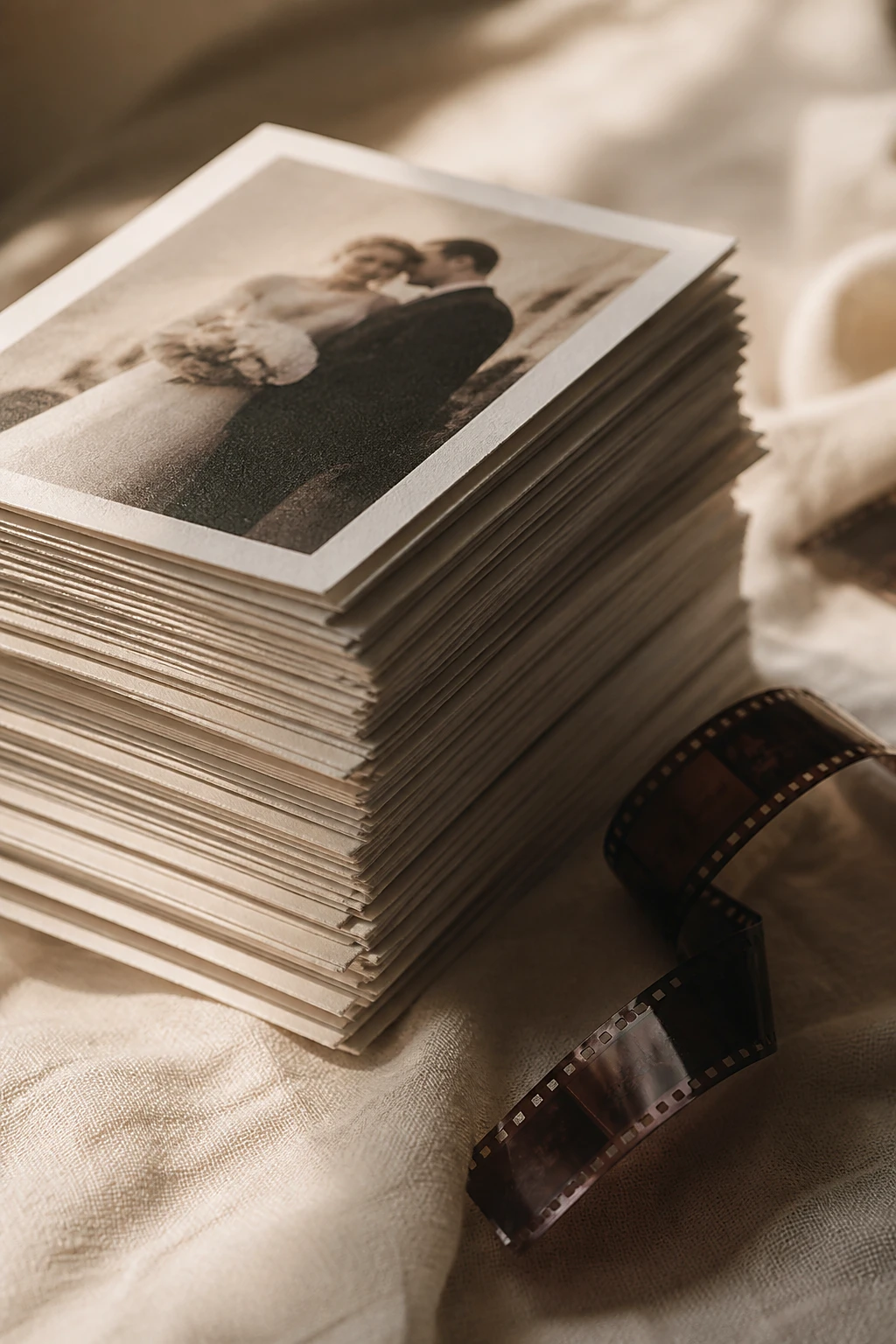 A deep stack of matte archival wedding prints on linen