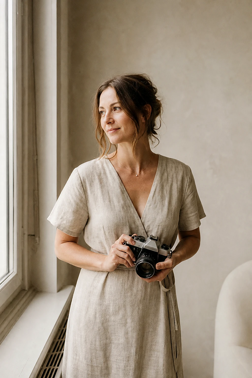 Portrait of Amanda holding a film camera by a window