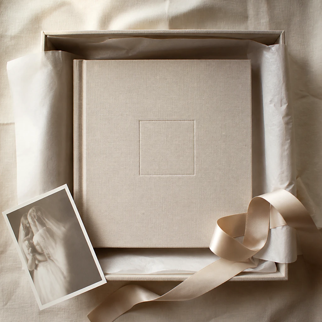 A closed heirloom wedding album bound in oatmeal linen in an archival box