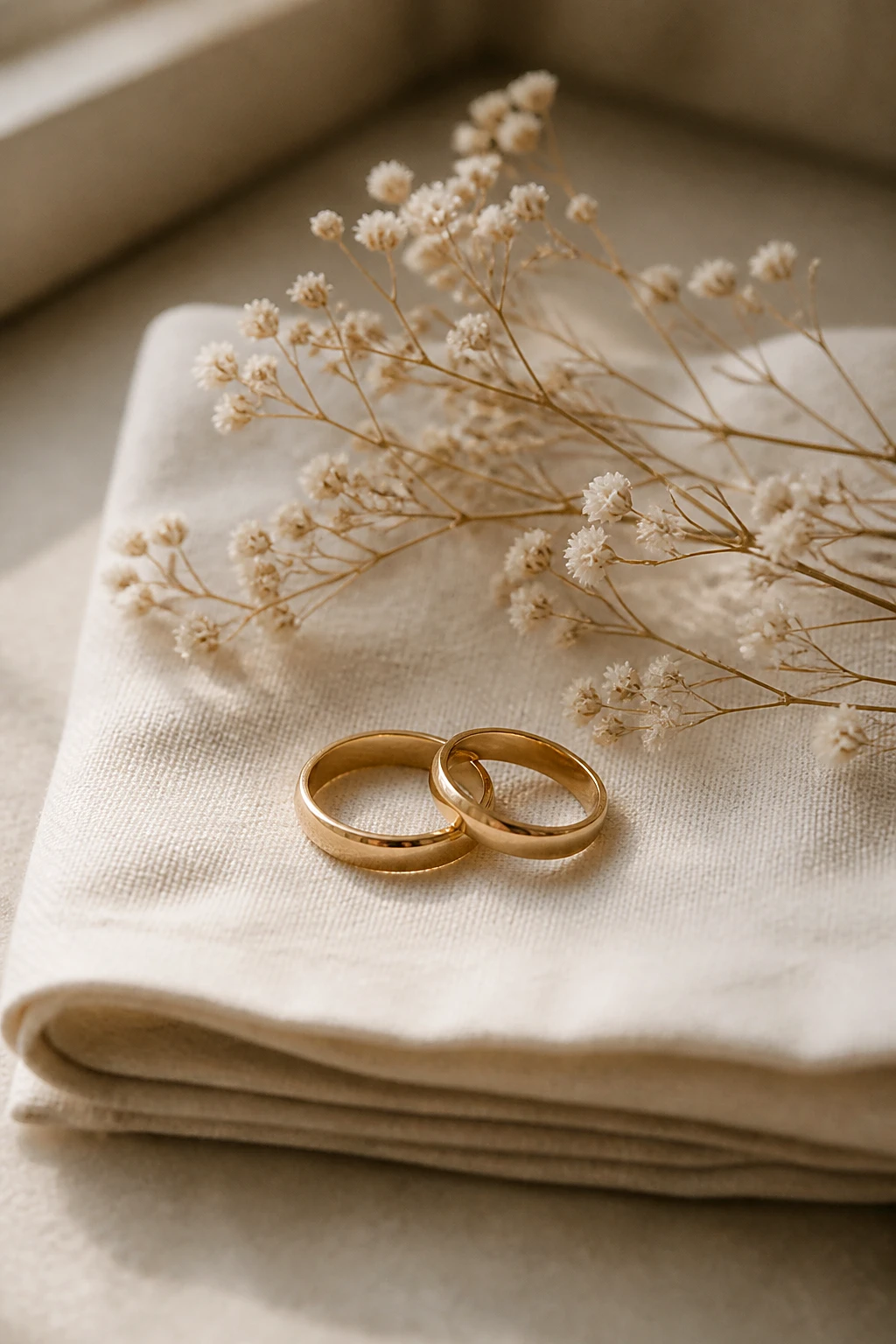Two gold wedding bands resting on folded ivory linen