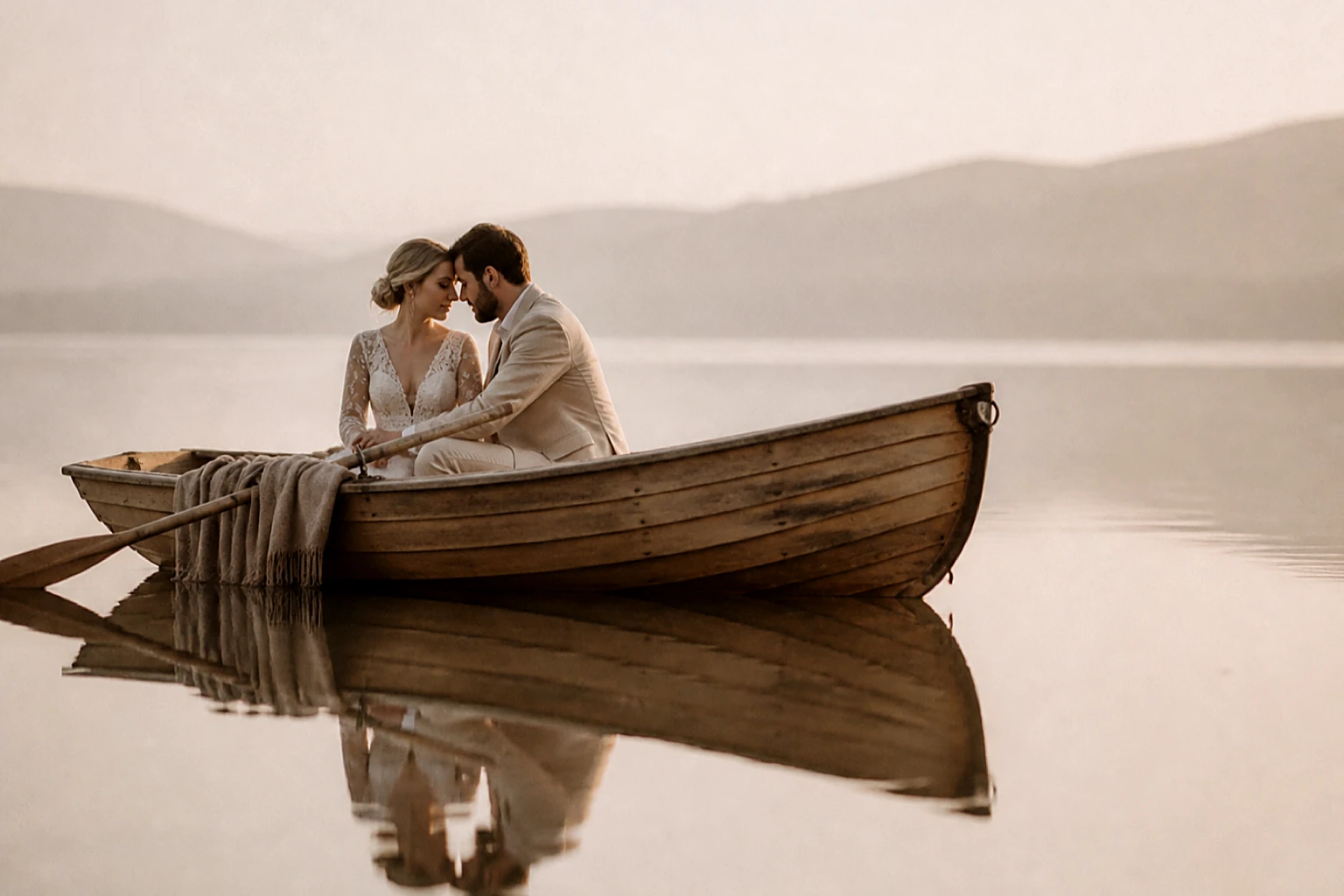 A couple in a rowing boat on a still lake at dawn