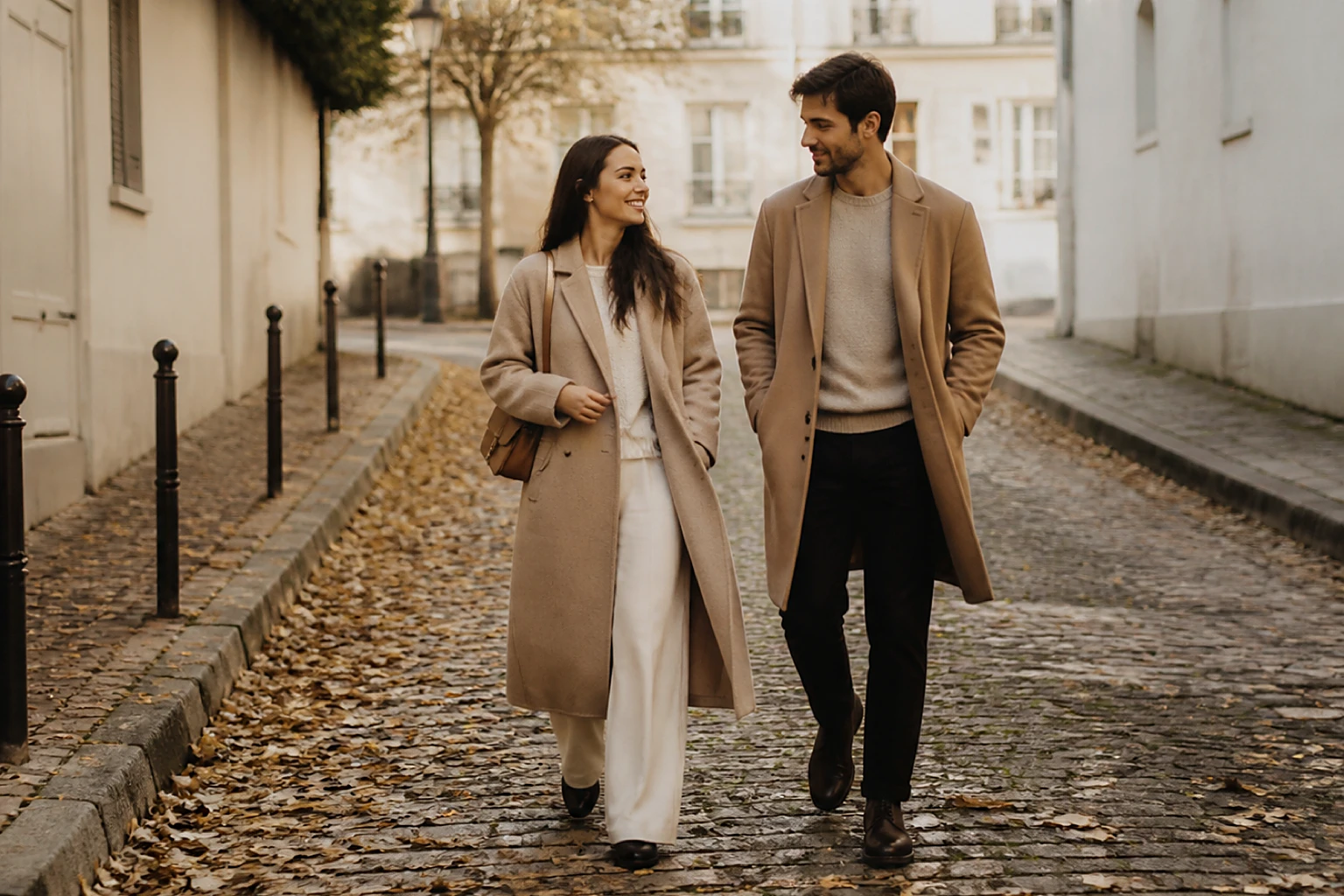 An engaged couple walking a quiet cobbled city lane on an autumn morning