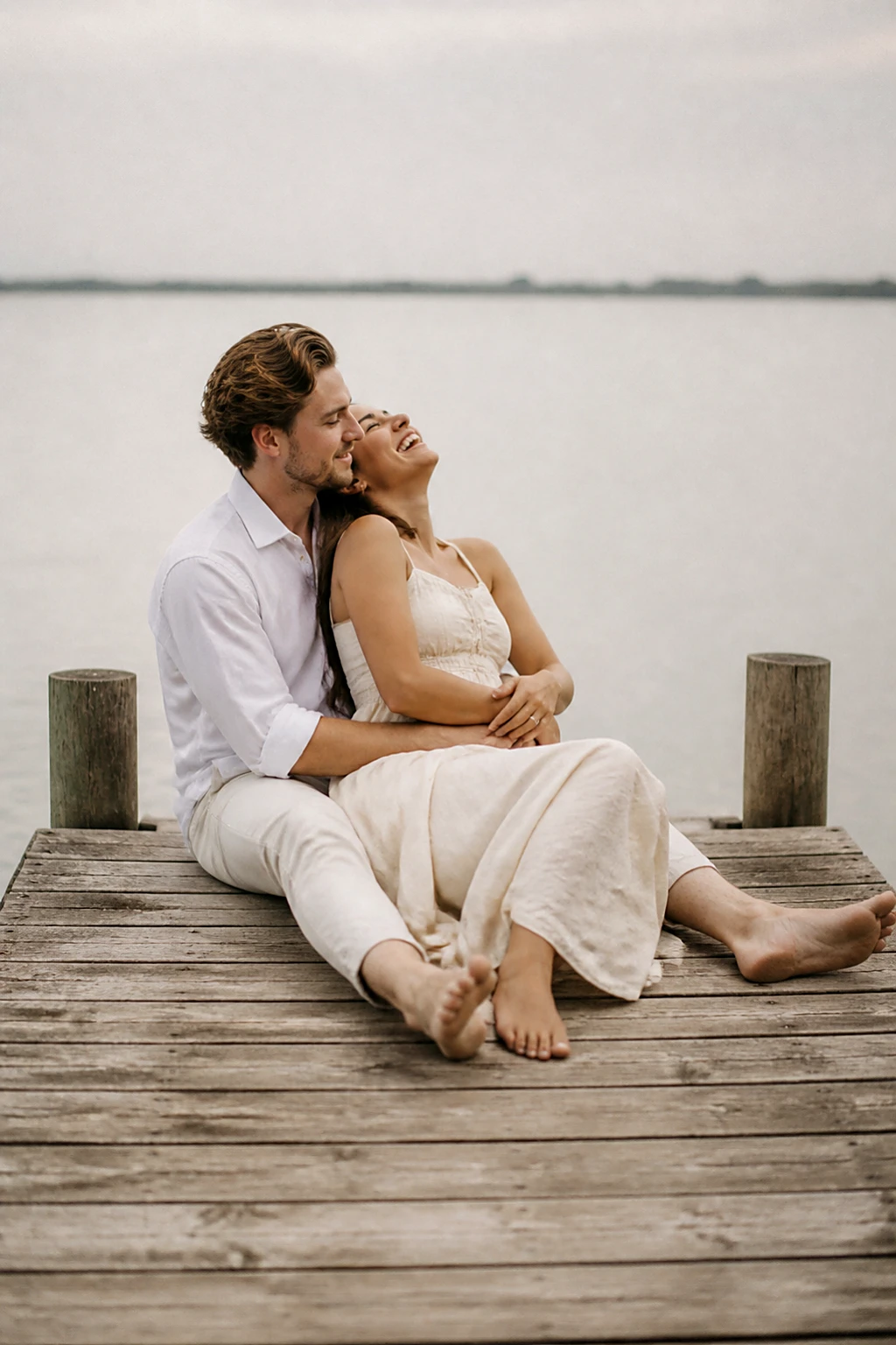 An engaged couple sitting barefoot at the end of a wooden jetty