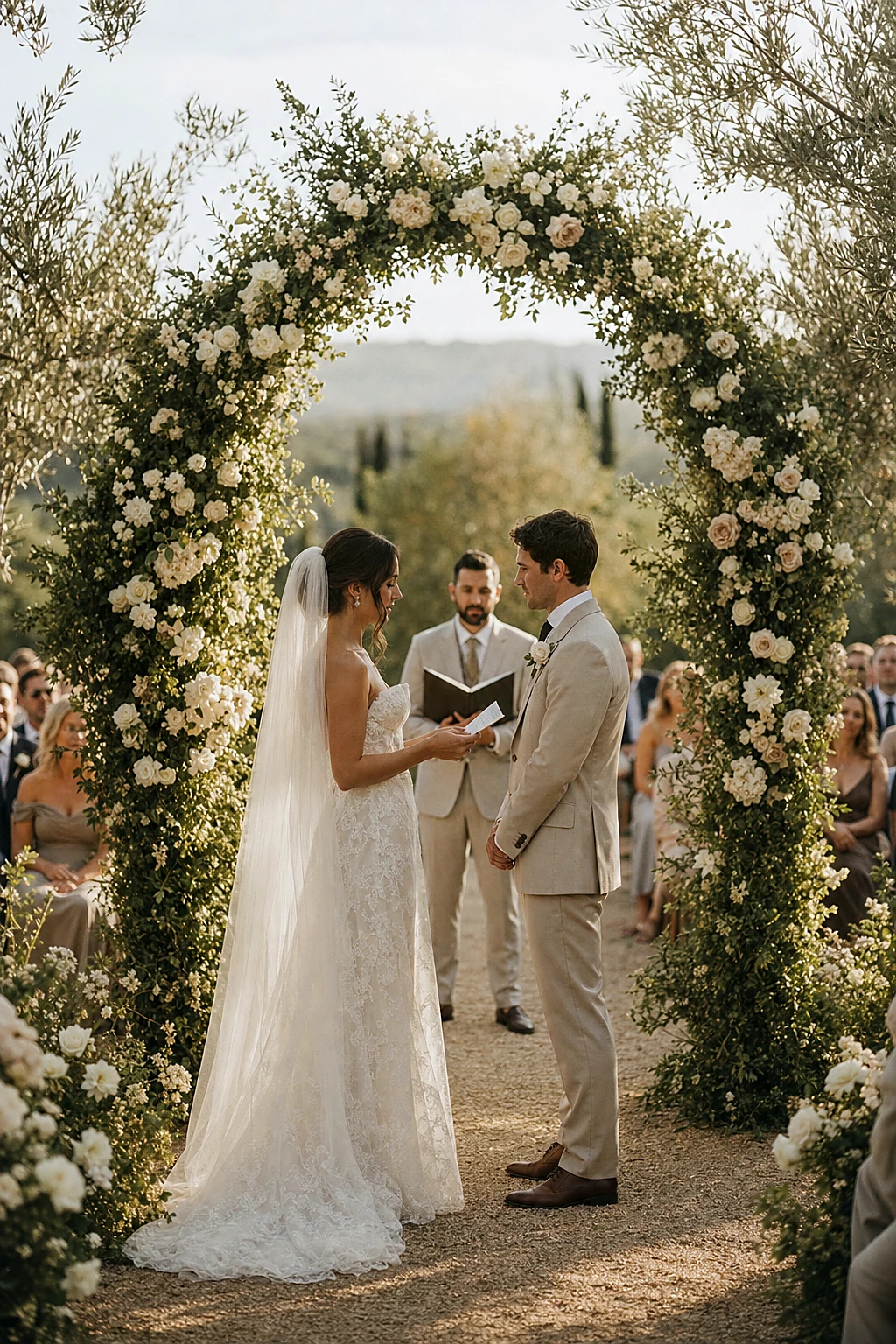 Bride and groom exchanging vows under a floral arch