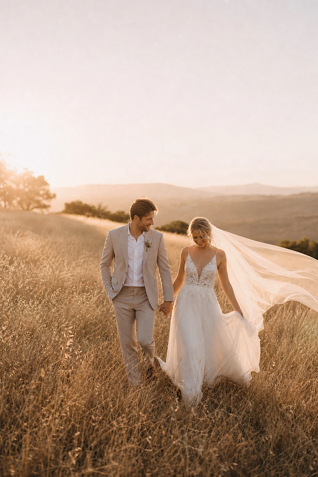 Newlyweds walking hand in hand through tall grass at golden hour