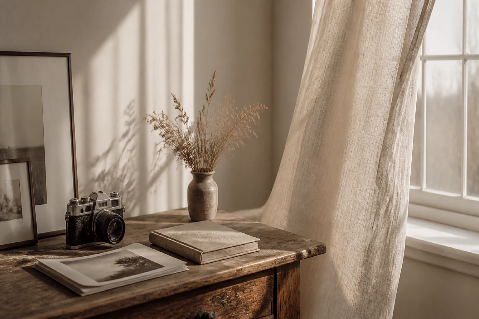 A sunlit studio corner with a vintage film camera, archival prints and a linen album