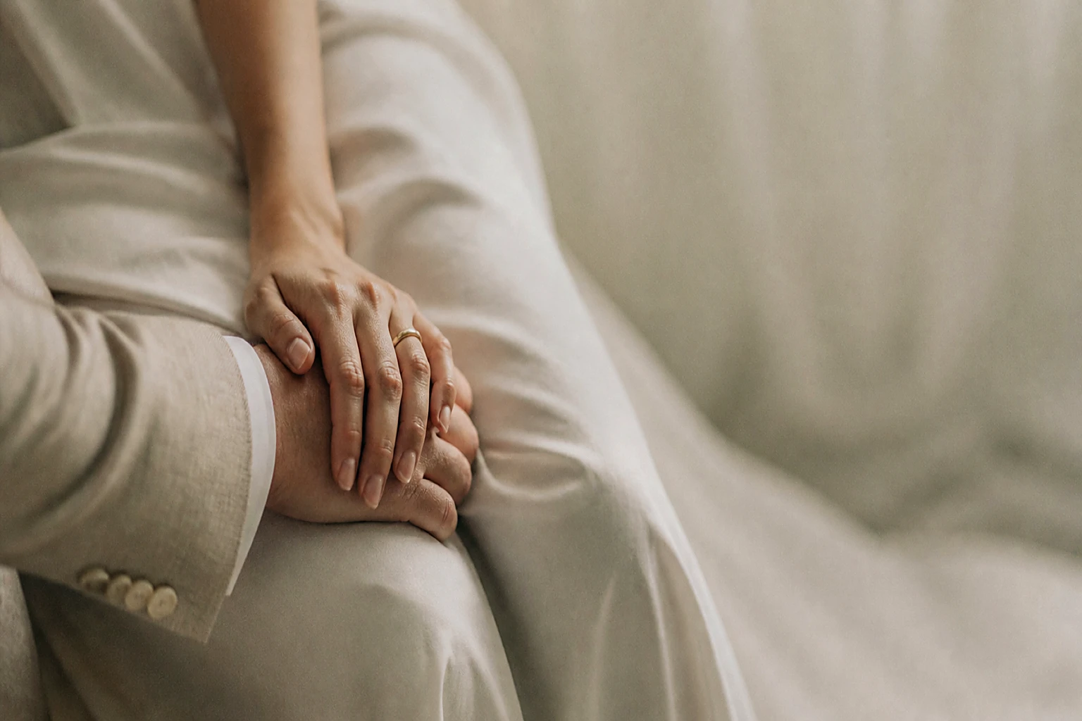 A couple's clasped hands resting together on soft ivory fabric