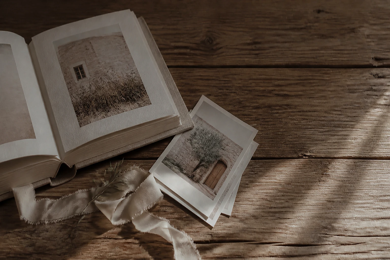 An heirloom linen photo album lying open on a weathered oak table beside loose prints