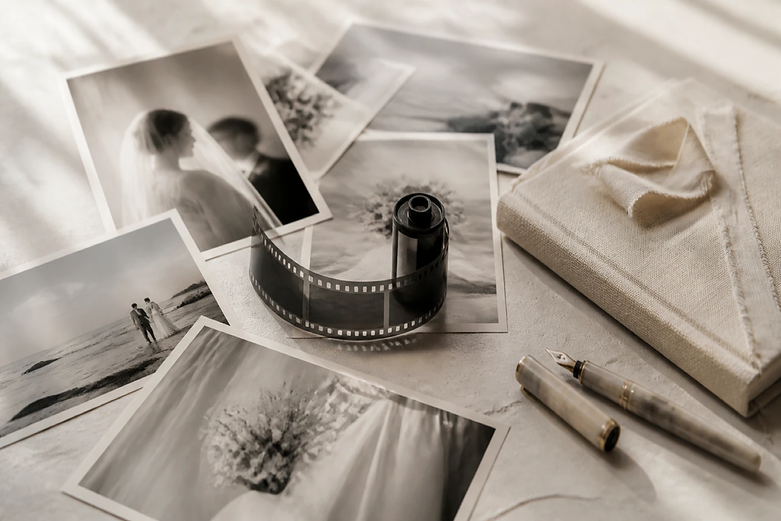 Scattered matte wedding photographs, a roll of film and a linen notebook on a pale surface