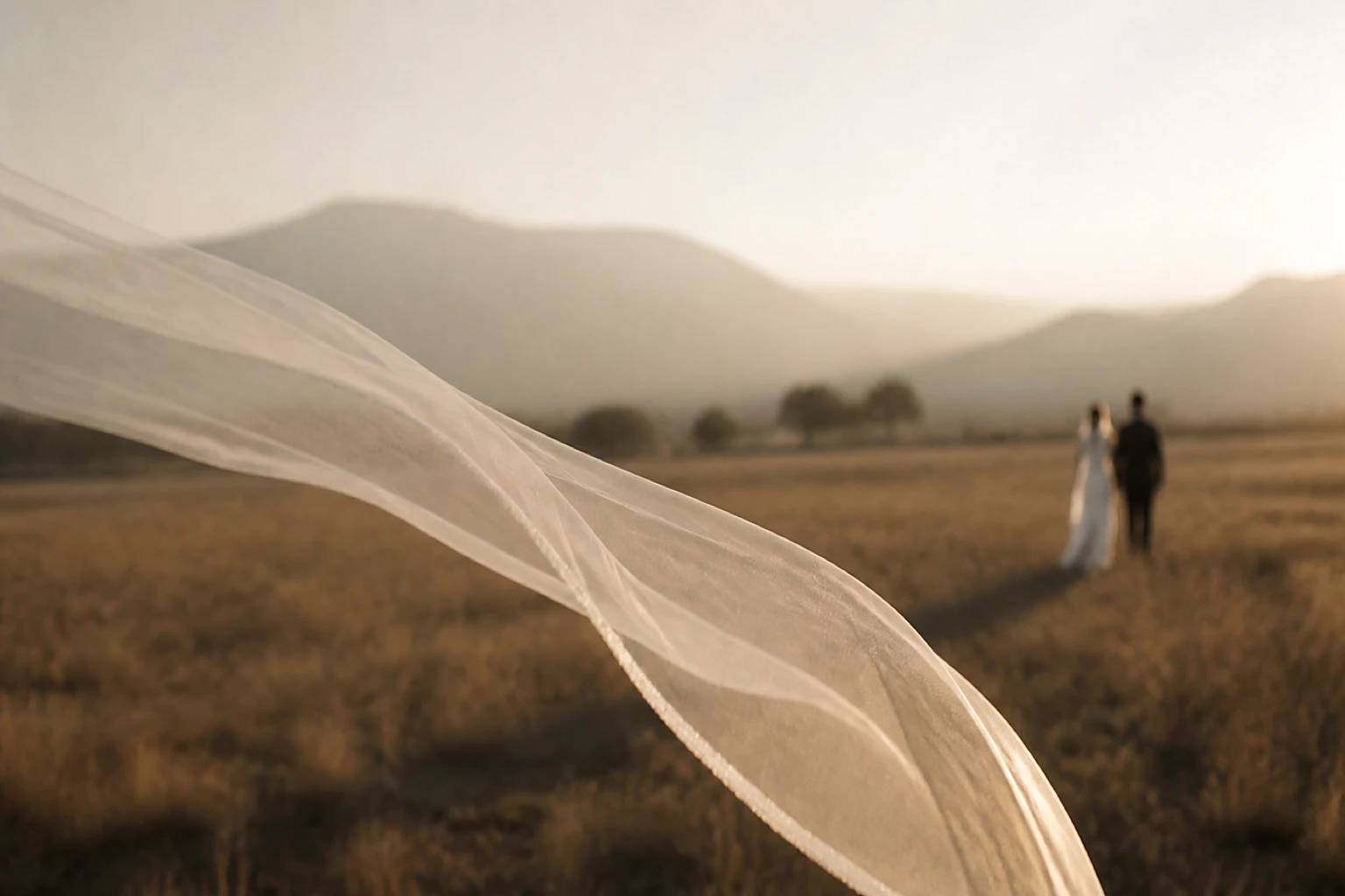 A bride's long veil drifting across an empty sunlit meadow at dusk