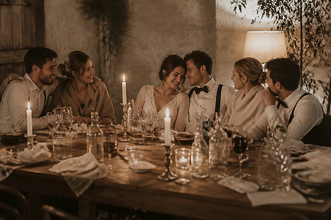 The last guests at one end of a long emptied table late at night