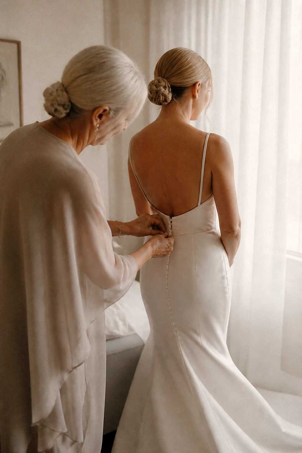 An older woman fastening the buttons of a bride's silk gown