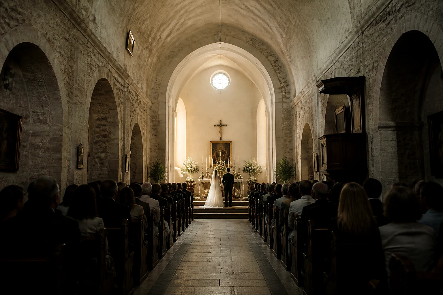 A wedding ceremony seen from the back of an old stone chapel