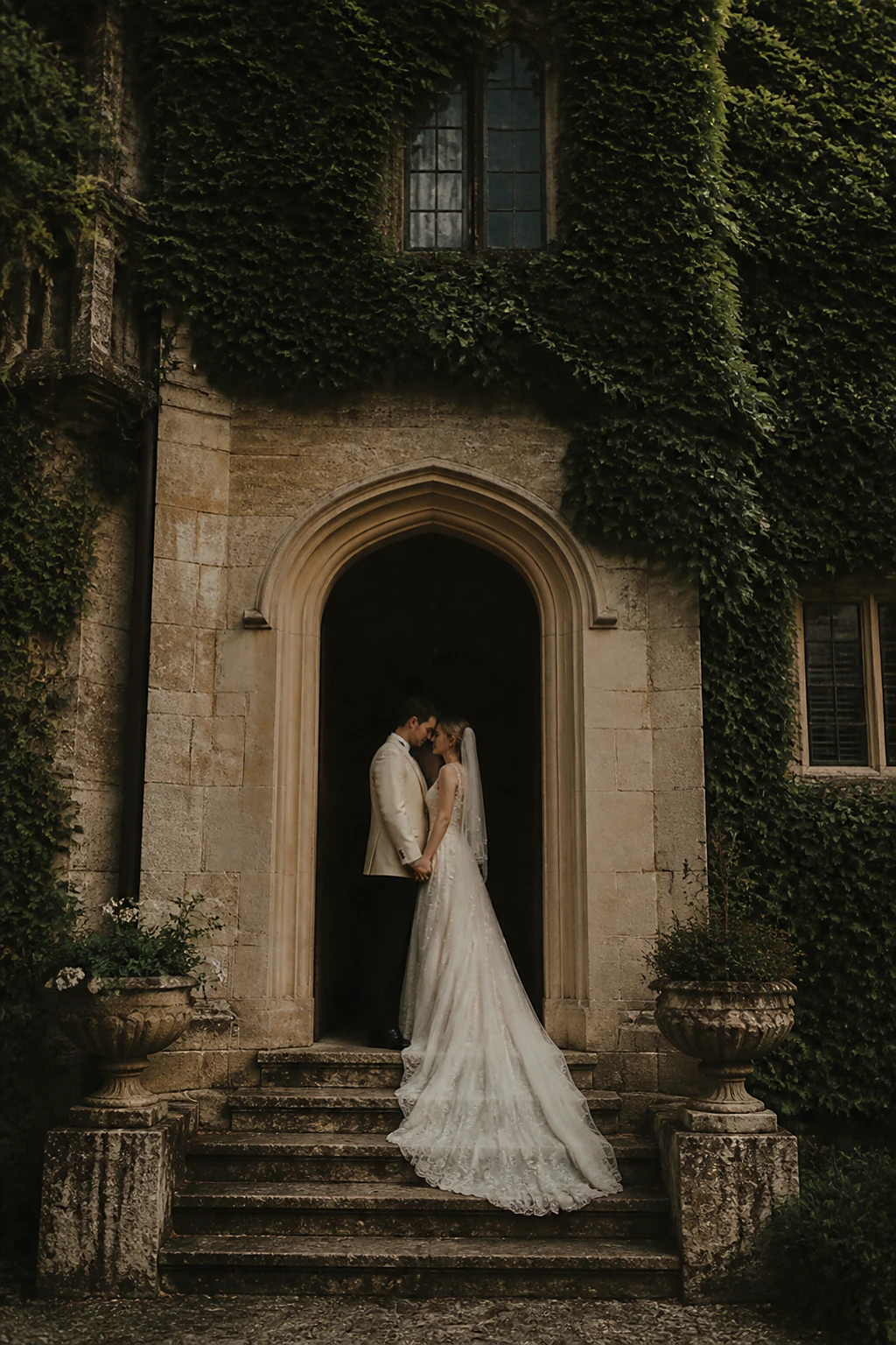 A couple in the arched doorway of an ivy-covered stone manor