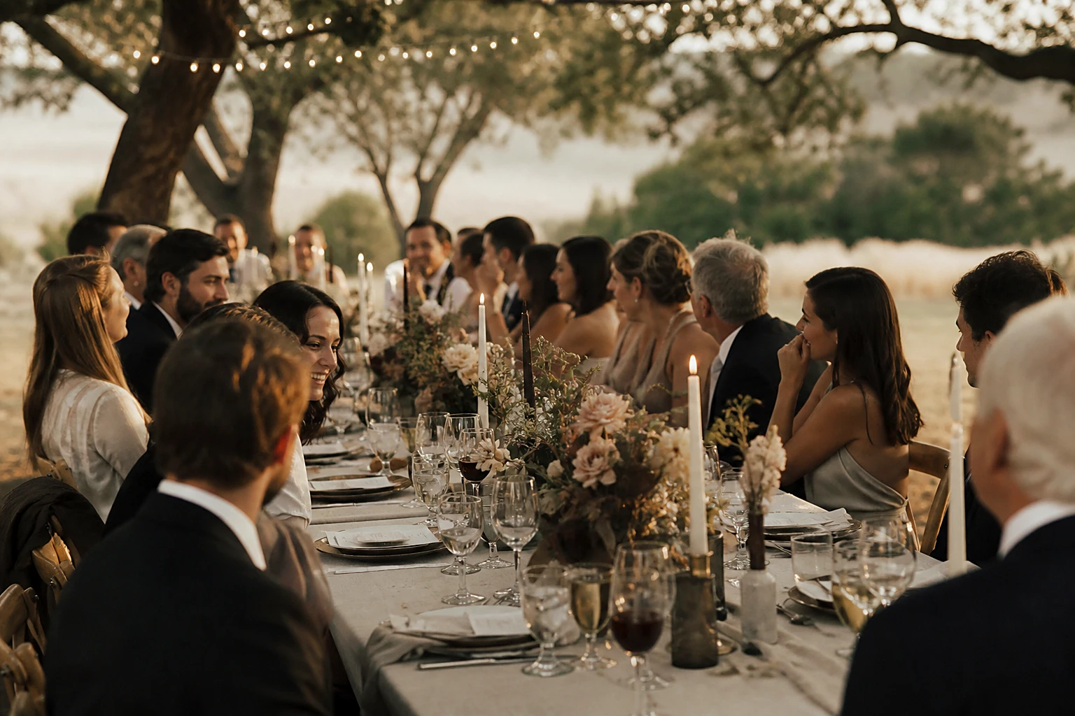 A long outdoor banquet table set beneath old trees