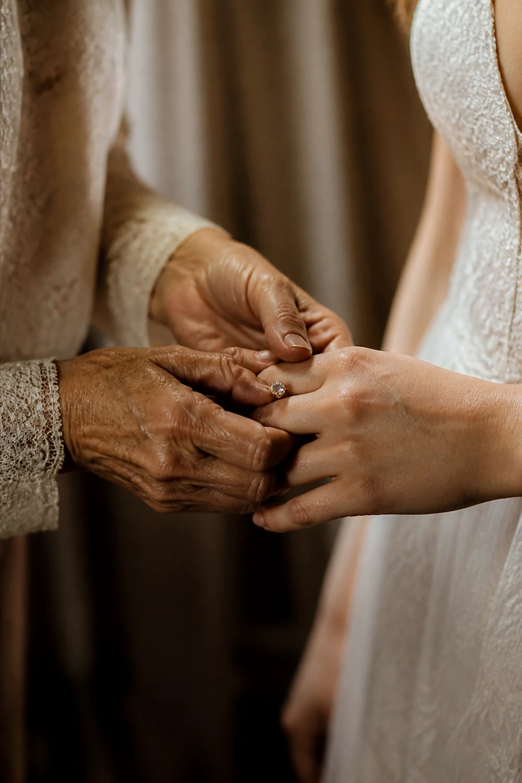 An elderly woman's hands holding a bride's hands