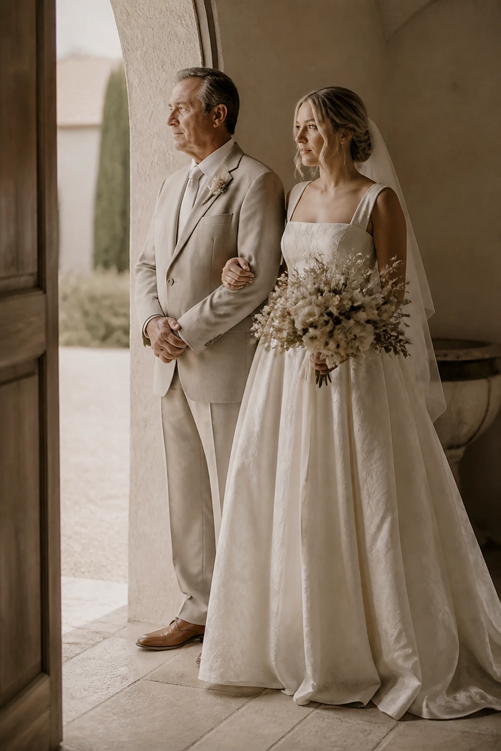 A father and daughter in a doorway before the aisle